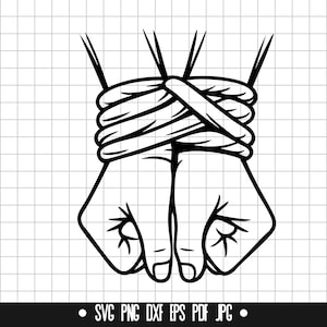 May include: A black and white line drawing of two hands tied together with rope.