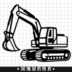 May include: Black and white illustration of an excavator, a heavy construction vehicle. The excavator features a bucket, arm, cab, and tracks. The image includes the file type options: SVG, PNG, DXF, EPS, PDF, and JPG.