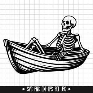 Scheletro in barca SVG, Scheletro DXF, Scheletro PNG, File di taglio pirata, Clipart, File SVG, Design di Halloween, Silhouette, Download istantaneo