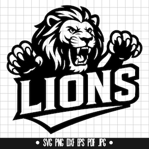 May include: Black and white illustration of a roaring lion with the word "LIONS" in a banner below.
