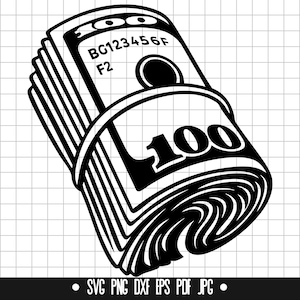 Puede incluir: Gráfico en blanco y negro de un fajo de billetes de cien dólares, bien sujetos con una cinta. Los billetes están detallados con el número "100" y números de serie. Incluye opciones de archivo: SVG, PNG, DXF, EPS, PDF, JPG.