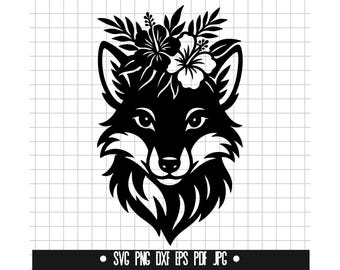 Fox Svg, Floral Fox Svg, Fox Head Svg, Animal Svg, Fox Cut File, Fox Clipart, Fox PNG, Fox DXF, Flower Crown Fox Svg