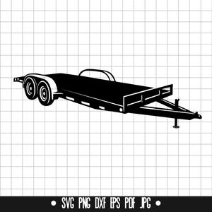 Puede incluir: Silueta negra de un remolque de plataforma con dos ruedas a cada lado. El remolque tiene una plataforma larga y rectangular y un enganche. La imagen incluye el texto "SVG PNG DXF EPS PDF JPG" en la parte inferior.