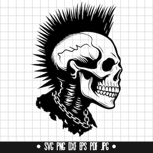 May include: Black and white illustration of a skull with a mohawk hairstyle. The skull is facing to the right and has a chain around its neck.