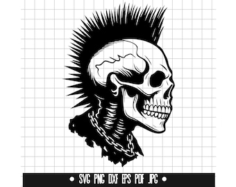May include: Black and white illustration of a skull with a mohawk hairstyle. The skull is facing to the right and has a chain around its neck.