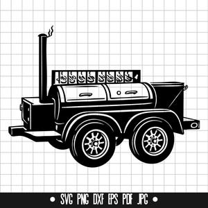 May include: Black and white illustration of a barbecue smoker on wheels. The smoker has a tall chimney, two doors, and a rack on top. The image includes the text "SVG PNG DXF EPS PDF JPG".