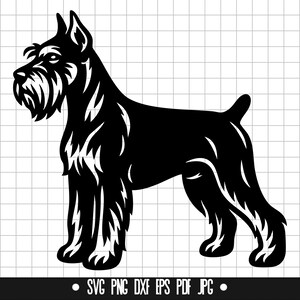 May include: Black and white silhouette of a Schnauzer dog standing with its head turned to the side.