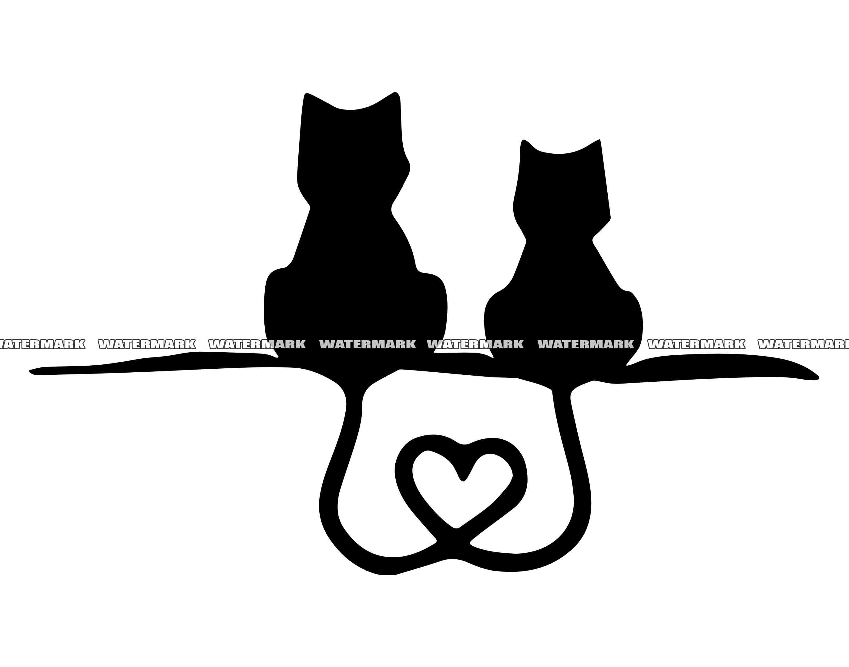 Silhouettes Of Two Sitting Cats Looking At Red Heart Pets Love