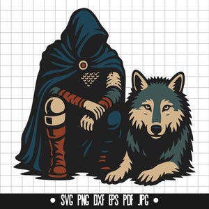 Guerrero encapuchado SVG, lobo compañero SVG, guerrero con lobo SVG, hombre con capa SVG, lobo PNG, clipart de guerrero, archivo de corte digital