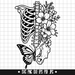 May include: Black and white line art illustration of a rib cage with a butterfly and flowers. The flowers are stylized and have a delicate, feminine look.