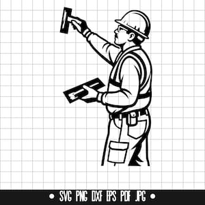 以下が含まれることがあります： ヘルメットと安全ベストを着用した建設作業員の白黒イラスト。コテと長方形のツールを持っており、建設または改修をテーマにしています。