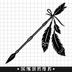 May include: Black vector graphic of a spear with decorative feathers. The spear has a pointed tip and is adorned with three feathers, each with unique patterns. The image includes the text "SVG PNG DXF EPS PDF JPG".