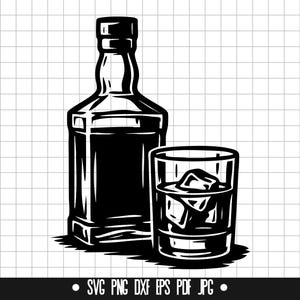 以下が含まれることがあります： お酒のボトルと氷を入れたグラスの白黒イラスト。