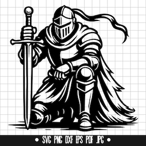 May include: A black and white illustration of a knight kneeling with a sword in his hand. The knight is wearing armor and a cape.