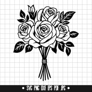 Puede incluir: Una silueta en blanco y negro de un ramo de rosas con tallos y hojas.