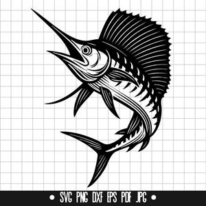 May include: A black and white illustration of a marlin fish. The fish is depicted in a dynamic pose, with its long bill extended and dorsal fin raised. The image includes the file type options: SVG, PNG, DXF, EPS, PDF, and JPG.