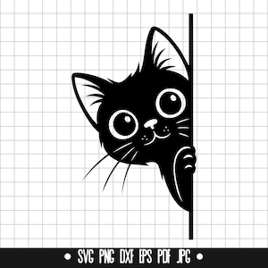 Op de afbeelding: Zwart-witte illustratie van een kat die om een hoekje gluurt. De kat heeft grote ogen en een schattige uitdrukking.