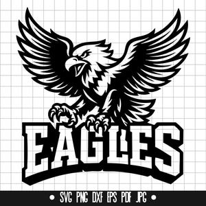 May include: Black and white illustration of an eagle with its wings spread wide. The eagle is in a fierce pose with its talons extended. The word "EAGLES" is written in bold letters below the eagle.