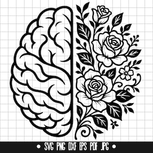 May include: Black and white graphic design featuring a brain on the left and flowers on the right. The brain is detailed with its characteristic folds, while the flowers include roses and other floral elements. The bottom of the image includes file type icons.