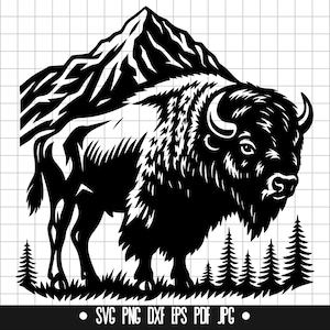 Buffle des montagnes SVG, Bison avec la nature PNG, fichier coupe DXF de la faune, des cliparts animaux de l&#39;Ouest, téléchargement de Svg de scène de forêt