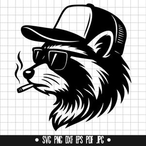 May include: Black and white illustration of a raccoon wearing a backward baseball cap and sunglasses, smoking a cigarette. The image is a graphic design, likely for a t-shirt or sticker.
