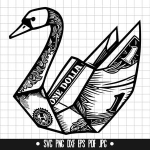 Origami cygne dollar SVG, cygne Origami dollar DXF, cygne Origami dollar PNG, cygne Origami dollar coupe fichier, clipart, téléchargement immédiat