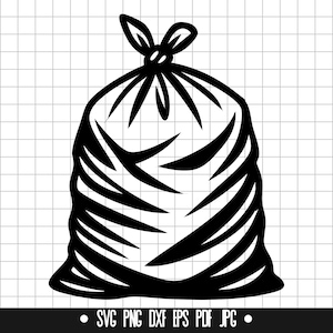 May include: Black and white illustration of a bin bag with a knotted top.