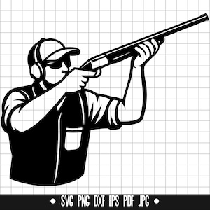 Puede incluir: Una ilustración en blanco y negro de una persona con un sombrero y protección para los oídos, apuntando con una escopeta.