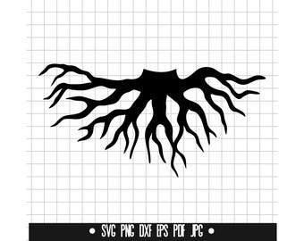 May include: Black silhouette of a tree root system with multiple branches extending from a central trunk.