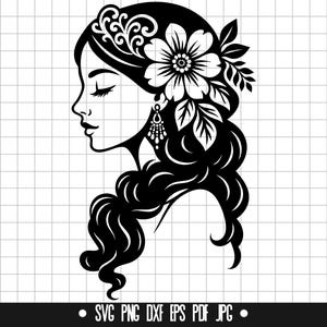 Boho Frau SVG, Floral Haardesign, Blumenmädchen Design, Profil Design, Tribal Design, Boho Design, Weiblich Design, Hippie Design, Haar Design
