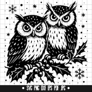 Hibou d'hiver Svg, hibou paire, Svg chouette des neiges, hibou Clipart Svg, hibou Silhouette Svg, hibou de Noël Svg, hibou Png Svg