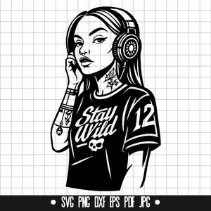 Tattoo Girl SVG, Dj Girl DXF, hoofdtelefoon PNG, Cool Girl gesneden bestand, Clipart, Digitaal bestand, Svg-bestand, Silhouet, Instant Download