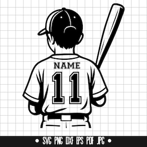 May include: Black and white illustration of a baseball player wearing a cap and jersey with the number 11 and the word "NAME" on the back. The player is holding a baseball bat.