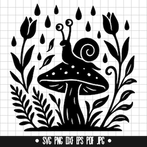 May include: Black and white illustration of a snail on a mushroom, surrounded by plants and raindrops. The design includes tulips and various foliage, creating a whimsical garden scene. The bottom of the image contains the text: SVG PNG DXF EPS PDF JPG.