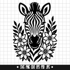 May include: Black and white silhouette of a zebra head with floral accents. The zebra has a striped pattern and the flowers are stylized with five petals.