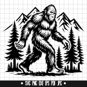 May include: Black and white illustration of Bigfoot walking through a forest with mountains in the background.
