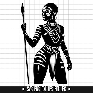 Mujer guerrera SVG, Lanza tribal SVG, Reina africana SVG, Mujer fuerte SVG, Mujer feroz SVG, Archivo de corte SVG