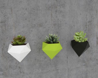 Faceted wall planter, great for succulents, cacti and other house plants, modern decorative, light weight, 3d printed [Made in Canada]