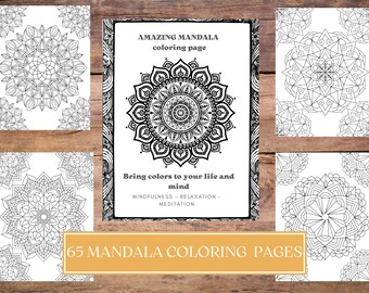 May include: A set of 65 printable mandala coloring pages. The cover page features a large intricate mandala design with the text "AMAZING MANDALA coloring page". The text "Bring colors to your life and mind" is below the mandala. The text "MINDFULNESS - RELAXATION - MEDITATION" is below the text "Bring colors to your life and mind". The text "65 MANDALA COLORING PAGES" is at the bottom of the page.