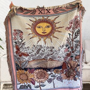 Sun Tarot woven fringe blanket, celestial tapestry throw blanket, woven tapestry, hippie room decor blanket, sun blanket