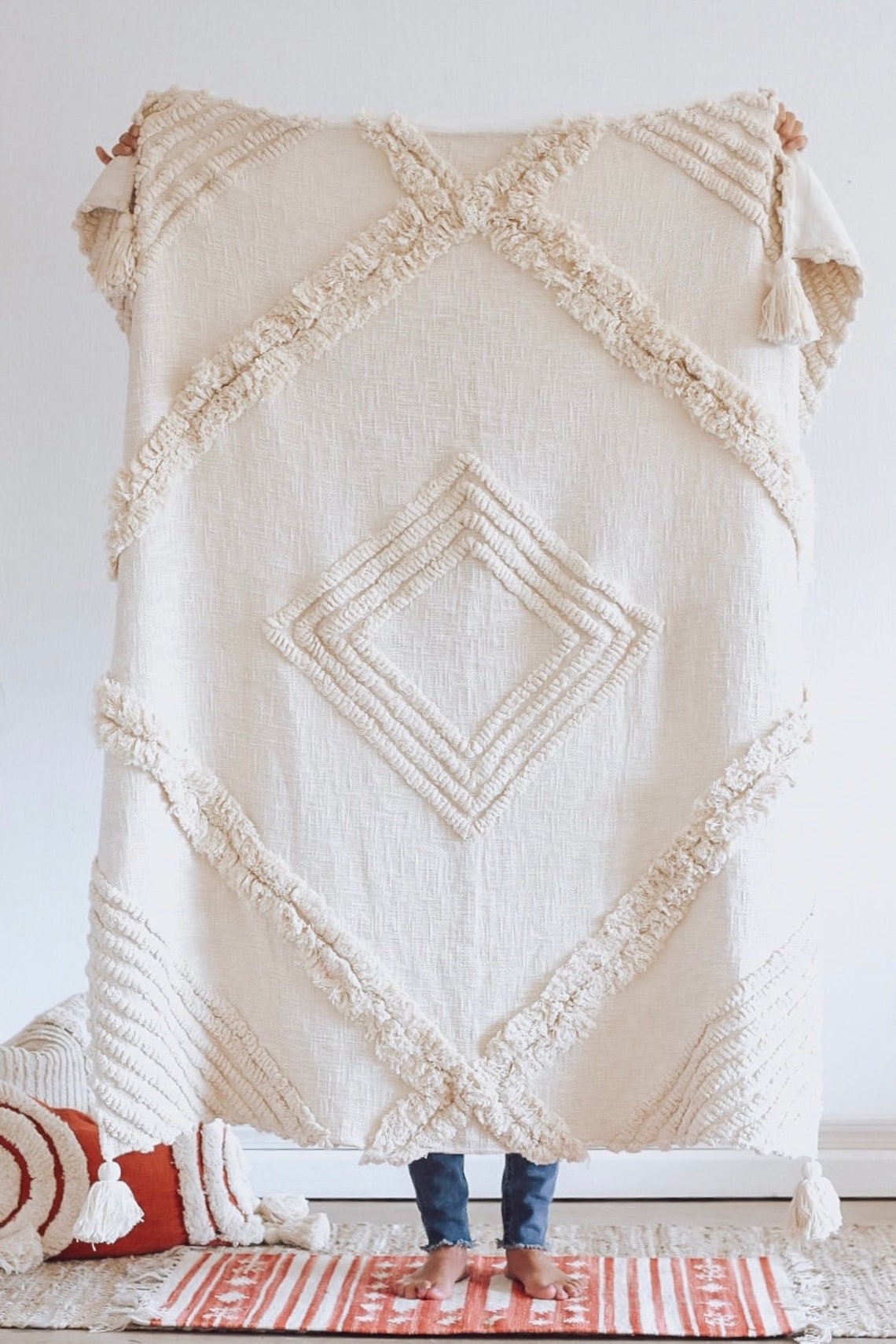 Ivory White Boho Tassel Throw Blanket Chunky January Etsy
