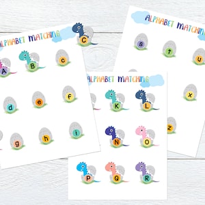 Emparejamiento del alfabeto de dinosaurios, actividad de dinosaurios preescolares, aprender el alfabeto, actividad del alfabeto para niños pequeños, juego de emparejamiento del alfabeto