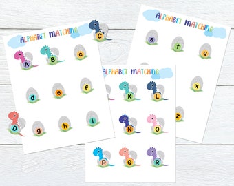 Abbinamenti con l'alfabeto dei dinosauri, attività sui dinosauri in età prescolare, impara l'alfabeto, attività con l'alfabeto dei bambini, gioco di abbinamento degli alfabeti