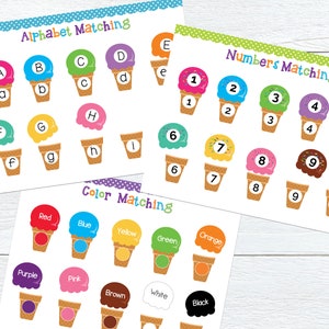 Ice cream matching activities bundle, Ice cream alphabet matching, ice cream numbers matching, ice cream colors matching, preschool, toddler