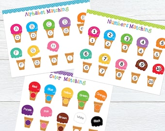 Pacchetto di attività di abbinamento dei gelati, abbinamento dell'alfabeto dei gelati, abbinamento dei numeri dei gelati, abbinamento dei colori dei gelati, asilo nido, bambini piccoli