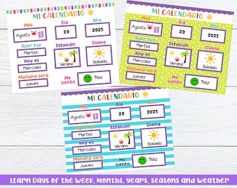 Calendario giornaliero per bambini in spagnolo, Calendario niños en español, tavola mattutina per bambini, Montessori, istruzione domiciliare, bilingue, actividades niños