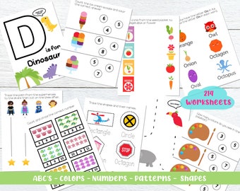 Quaderno di esercizi sull'alfabeto prescolare, 214 fogli di lavoro, apprendimento per bambini piccoli, impara l'abc, modelli, numeri, conteggio, traccia, grande e piccolo