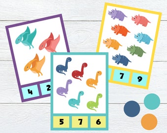 Flashcard con clip per il conteggio dei dinosauri, scuola materna, istruzione domiciliare, imparare a contare, attività sui dinosauri, apprendimento precoce, matematica