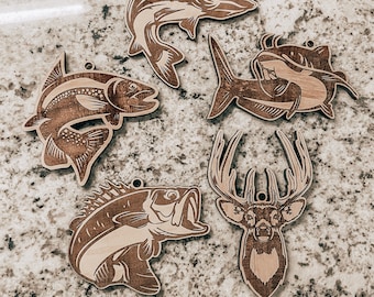Fish and Deer Ornaments-Hunting-Buck-Catfish-Walleye-Bass-Trout-SET of 5 -Digital Download-Glowforge-Laser-SVG-2025