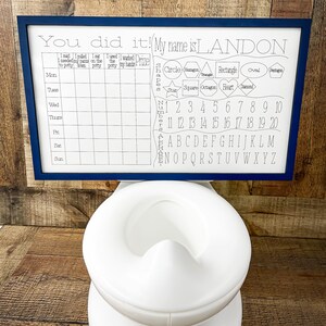 May include: A white potty training seat with a blue framed chart behind it. The chart has a grid with days of the week and spaces to mark accomplishments. The chart also has a section for shapes, numbers, and the alphabet.